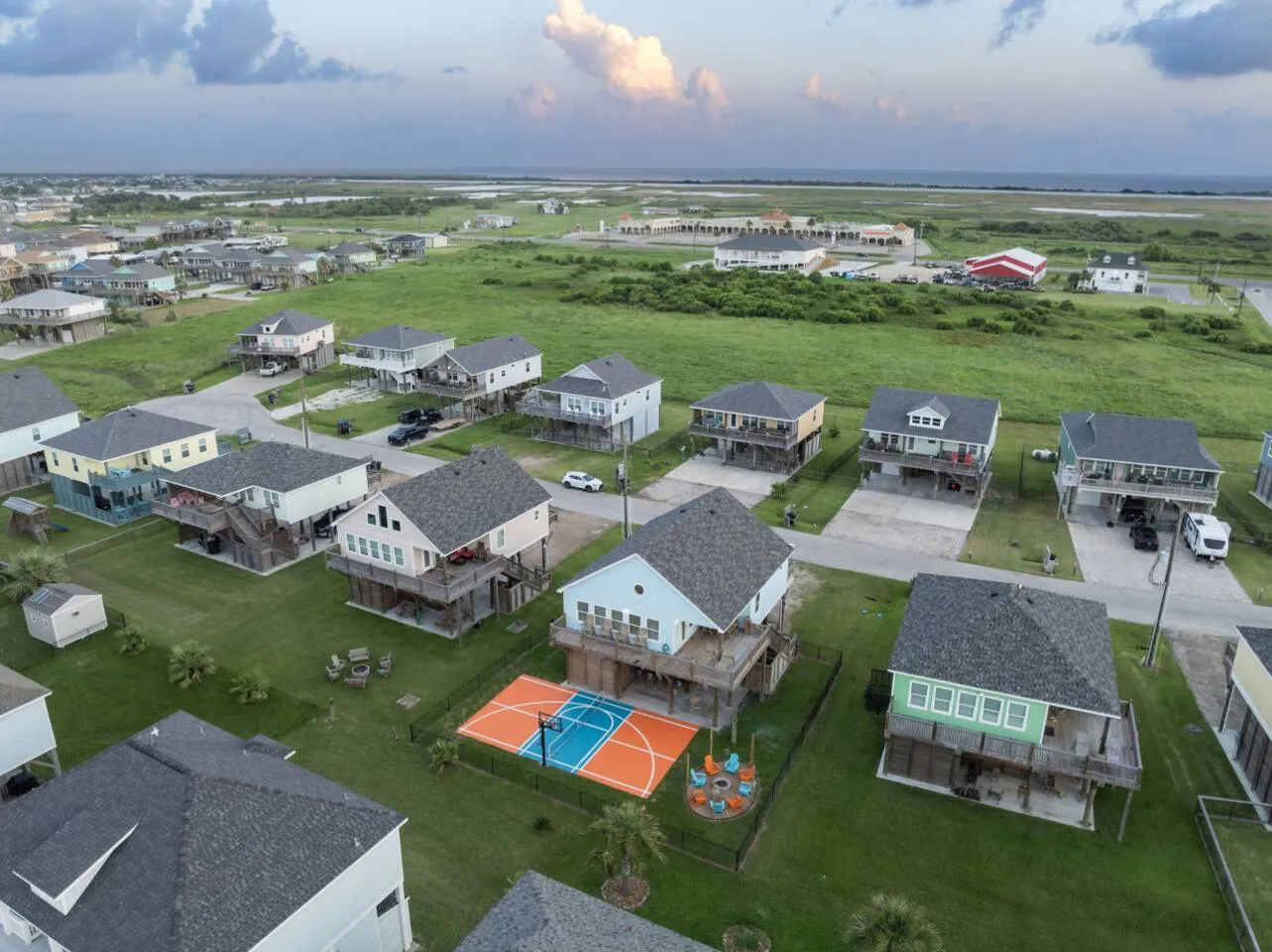 Wider aerial view of the Crystal Beach neighborhood around Pickle Beach.