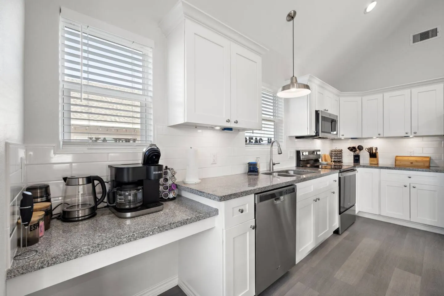 Kitchen coffee station and counter space for easy mornings.