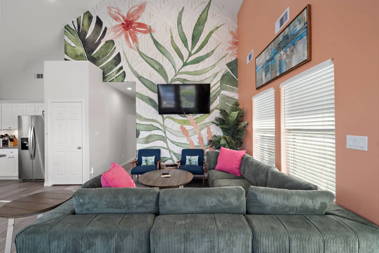 Bright living room with space to gather after the beach.